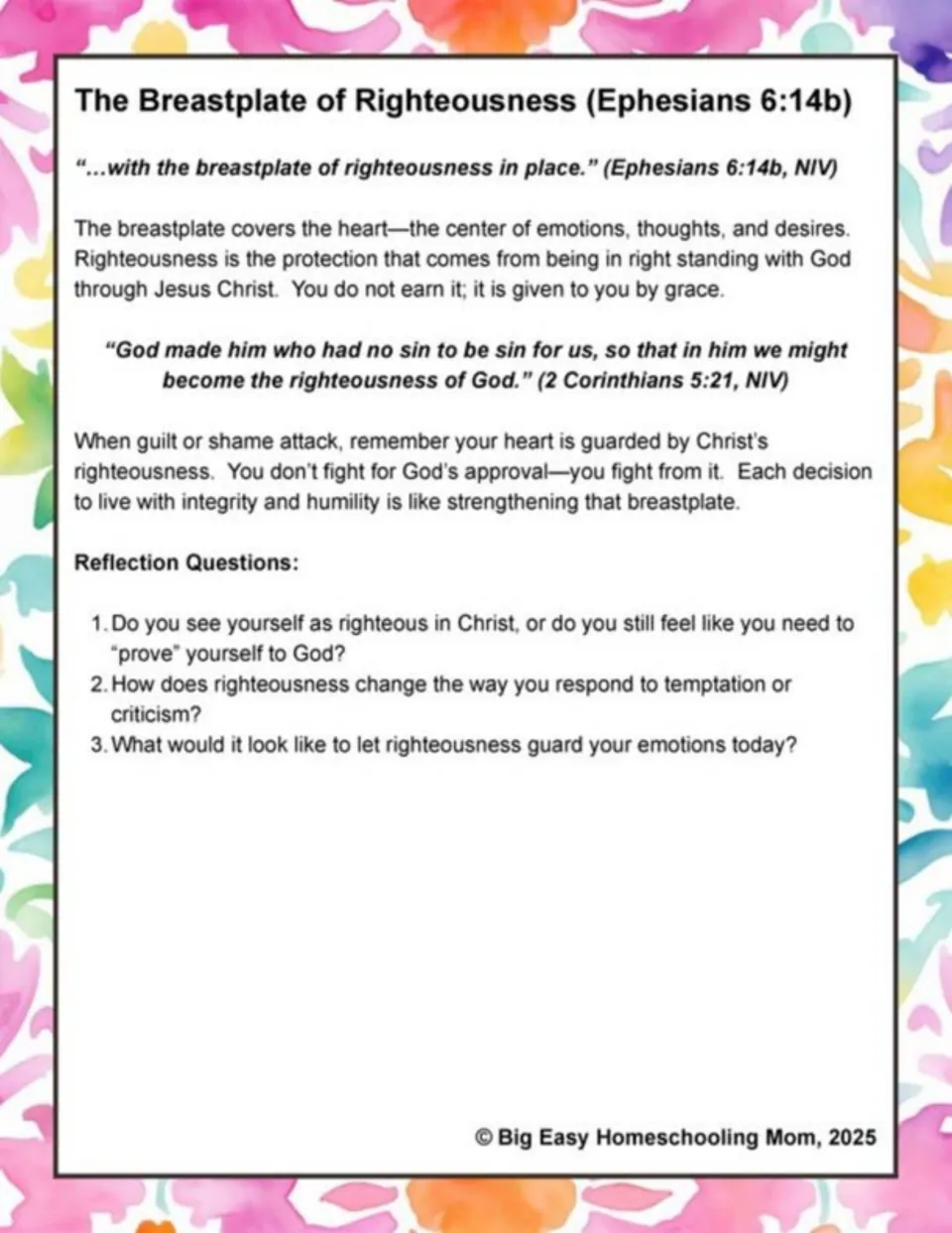 Breastplate of Righteousness devotional uses Ephesians 6:14b and three questions about grace and emotions