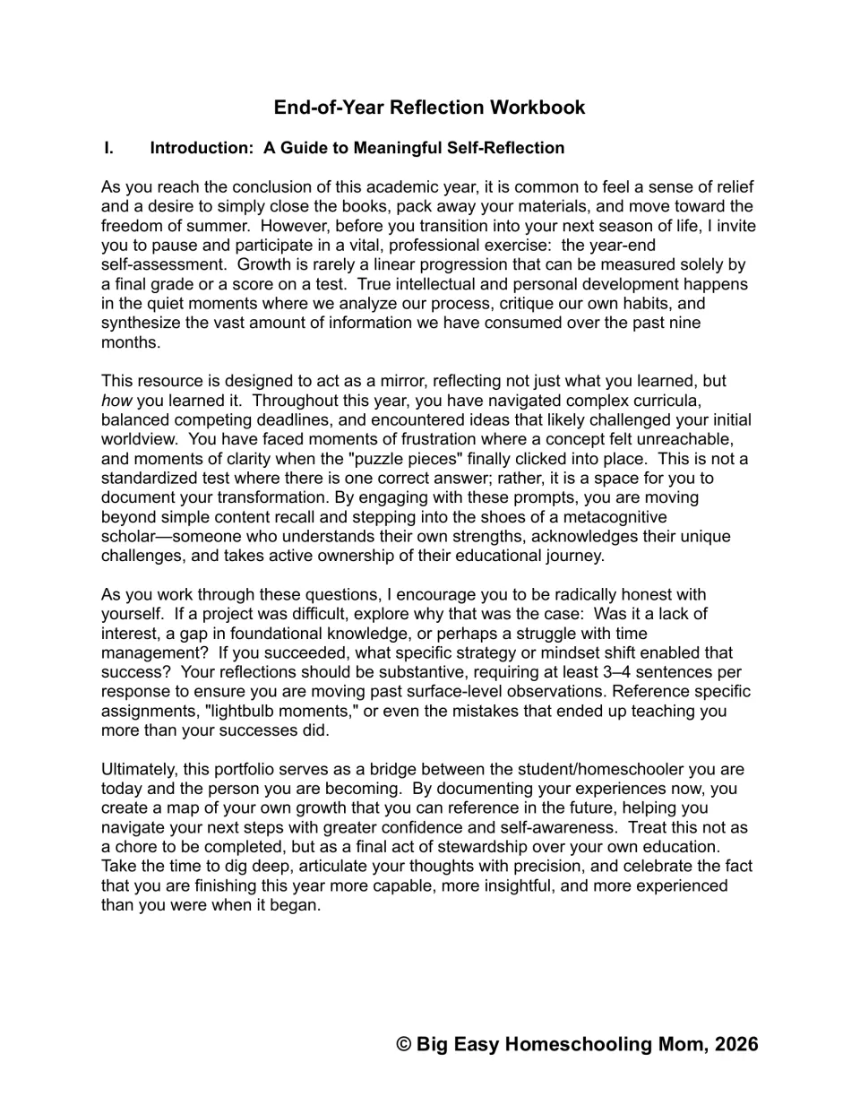 Reflection workbook introduction explaining self-assessment and asking for at least 3–4 sentences per response