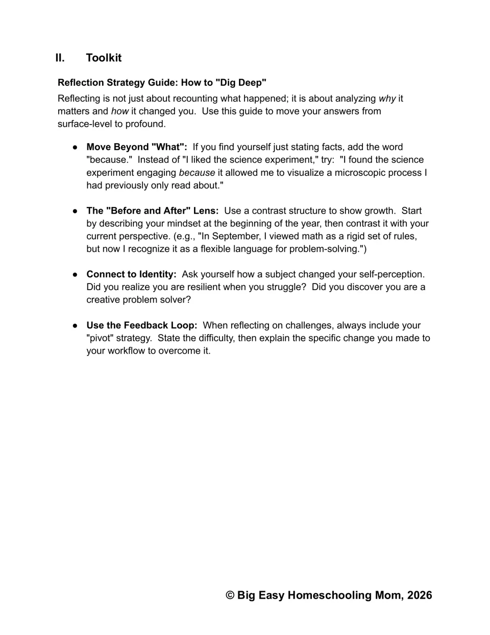 Reflection toolkit with four strategies: explain why, compare before and after, connect to identity, and adapt
