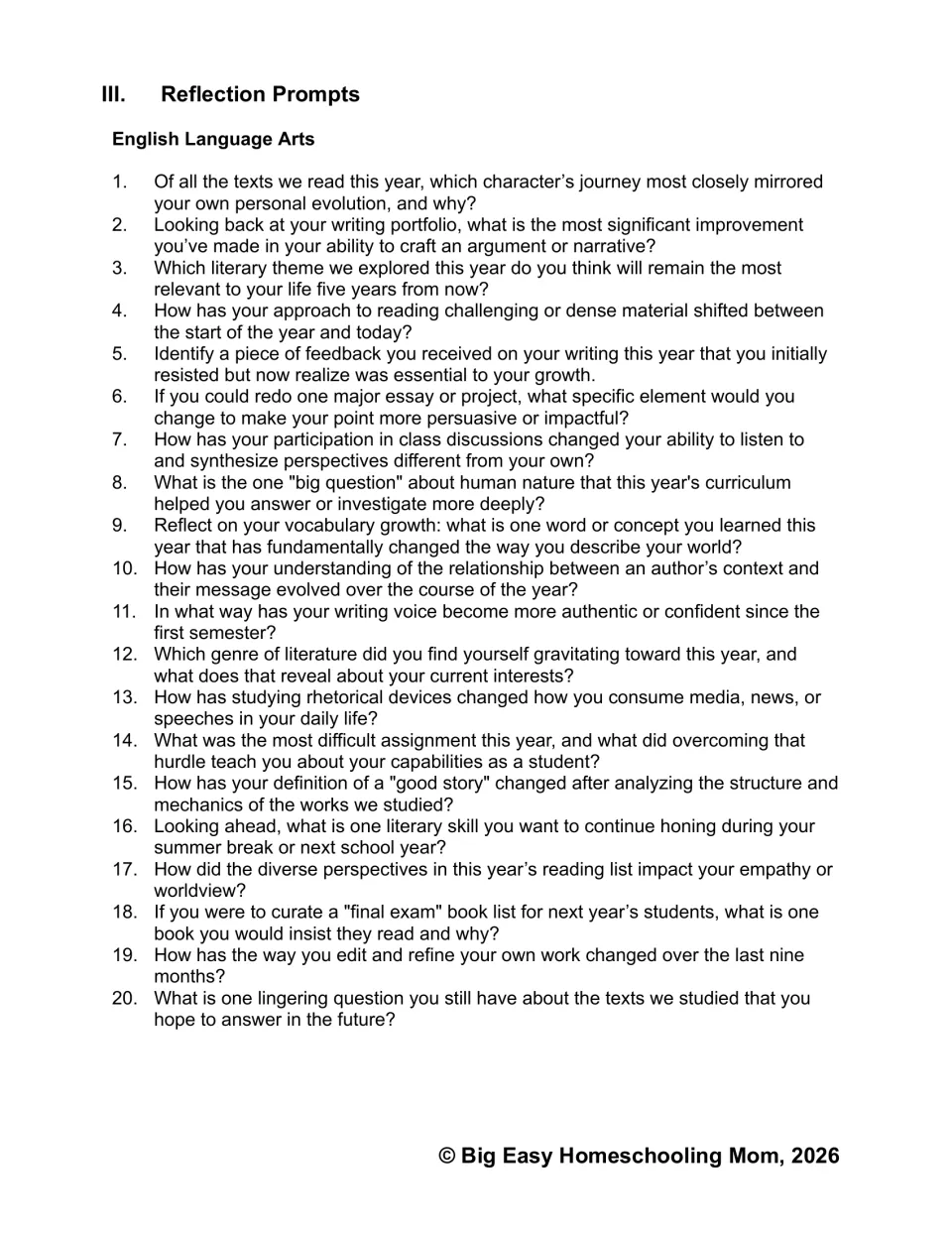 English language arts reflection set: 20 prompts on reading, writing growth, literary themes, and feedback