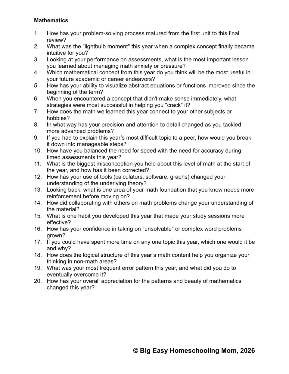 Mathematics reflection set: 20 prompts on problem-solving, math anxiety, study habits, and error patterns