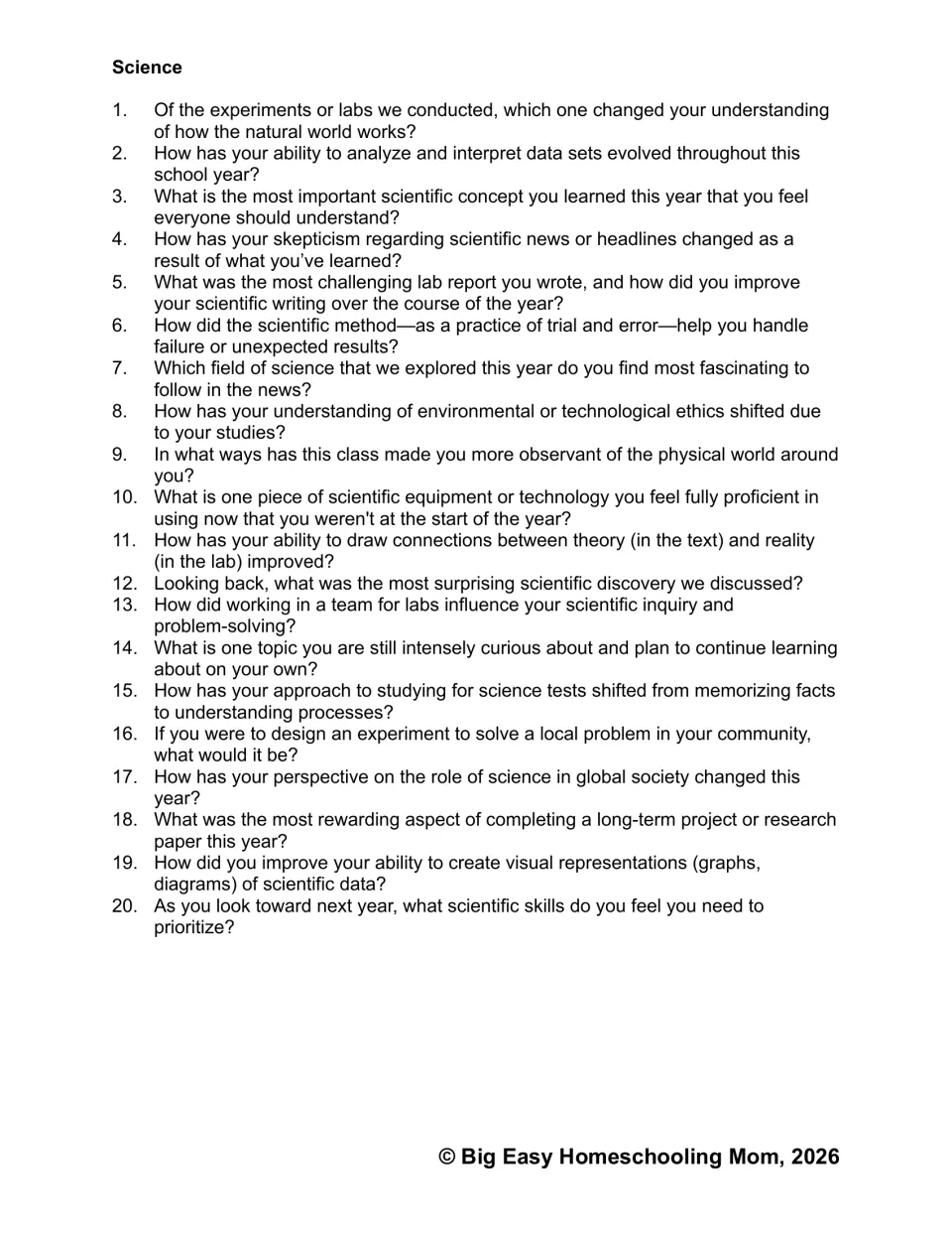 Science reflection set: 20 prompts on experiments, data analysis, scientific writing, and future skills