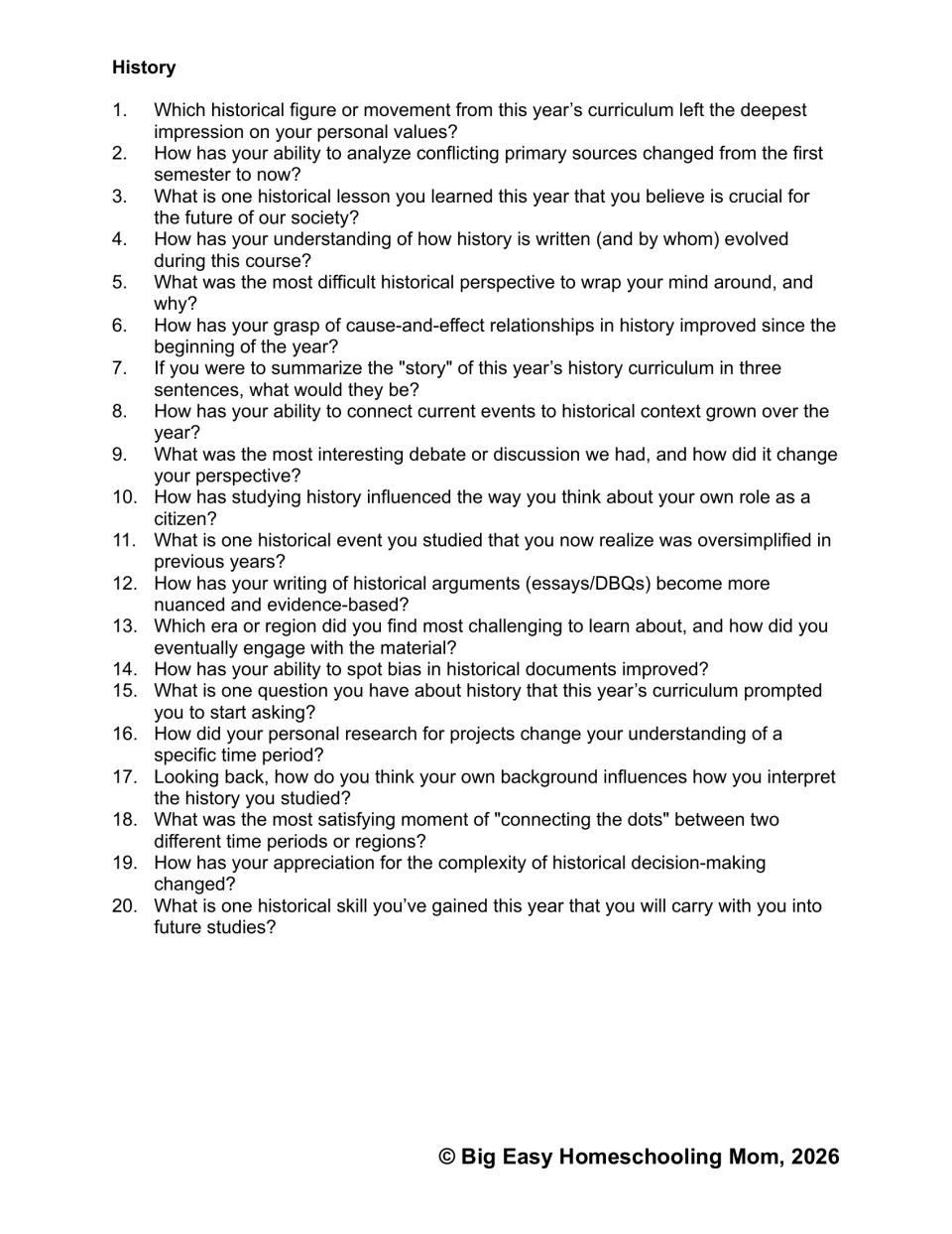 History reflection set: 20 prompts on primary sources, historical arguments, bias, and cause and effect