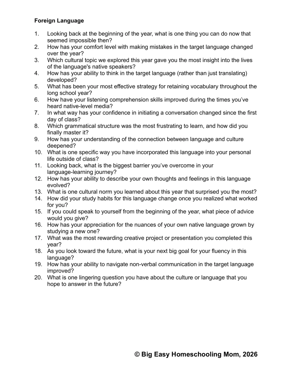 Foreign language reflection set: 20 prompts on vocabulary, listening, cultural learning, and fluency goals