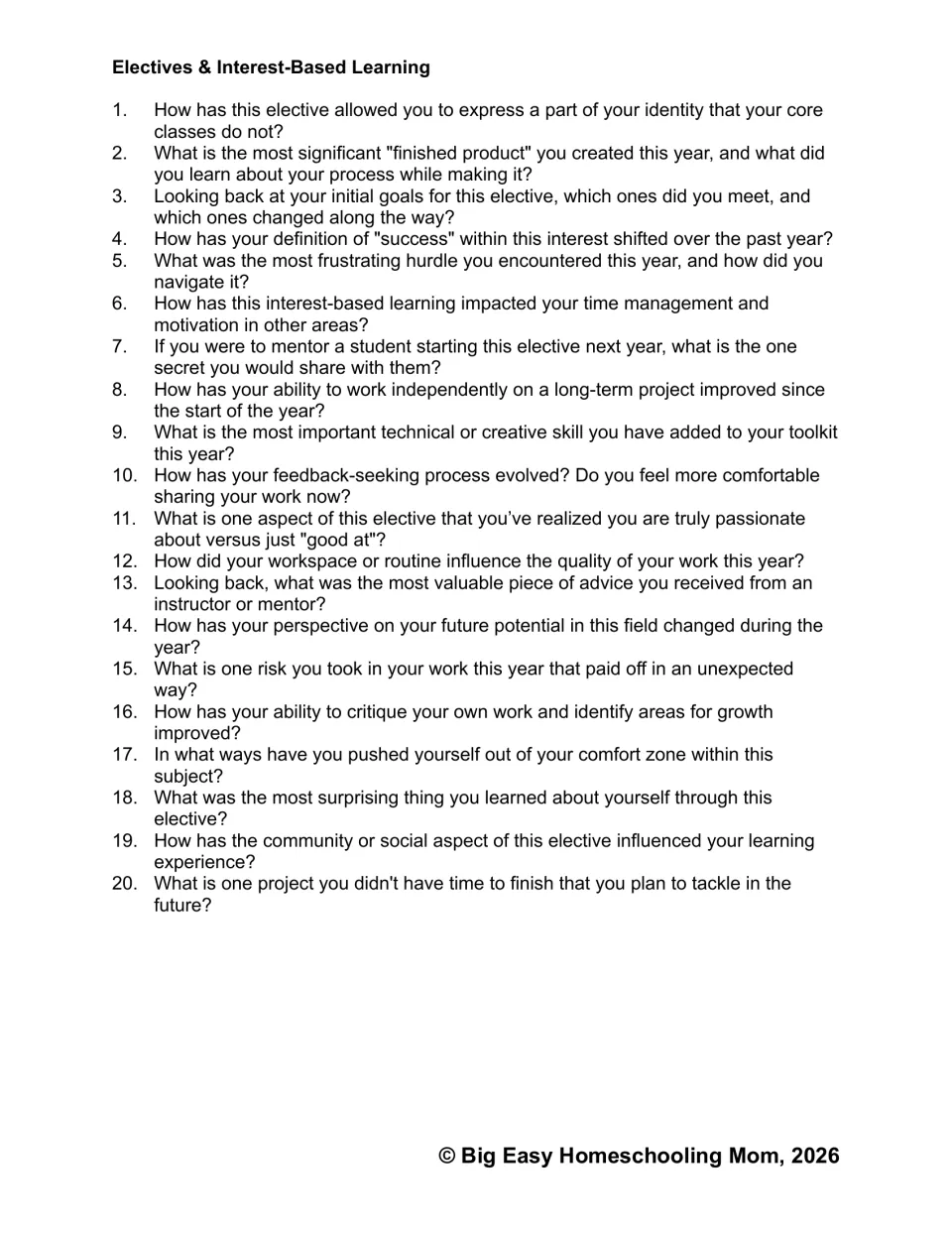 Electives reflection set: 20 prompts on interest-based learning, creative projects, feedback, and independence