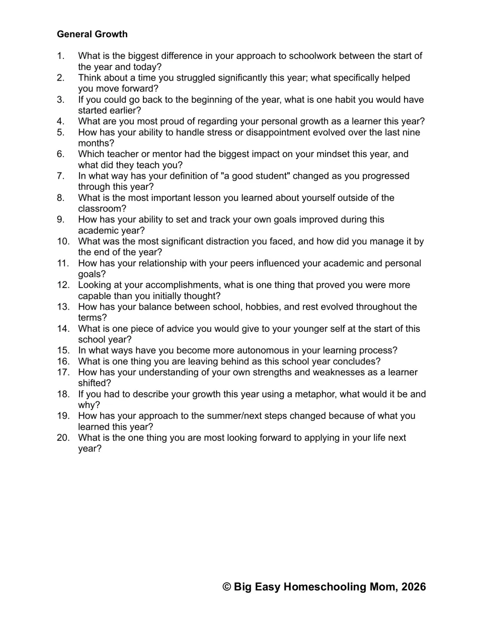 General growth reflection set: 20 prompts on schoolwork habits, handling stress, goals, and learner strengths