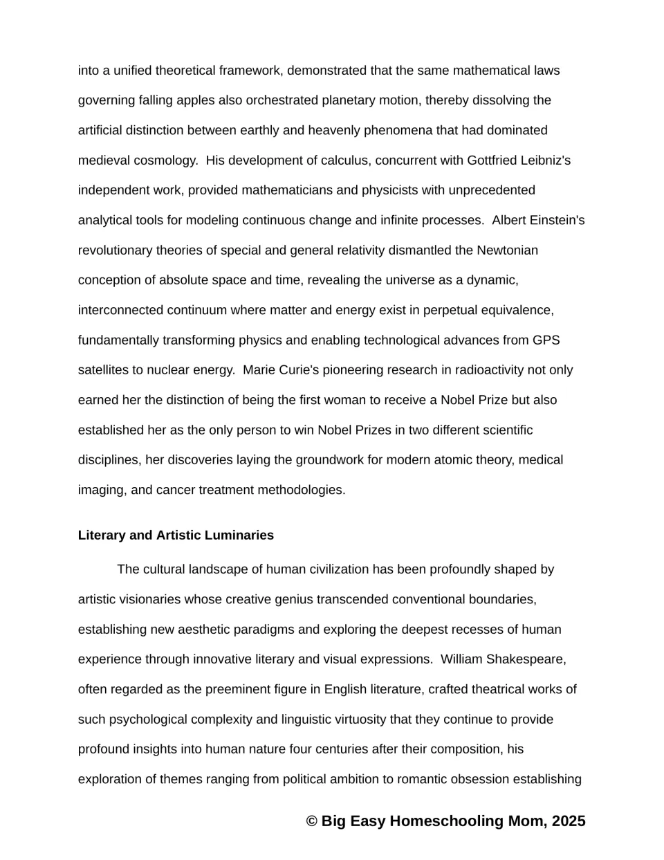 Passage on Newton's calculus, Einstein's relativity and Marie Curie's Nobel Prizes, then Literary and Artistic Luminaries