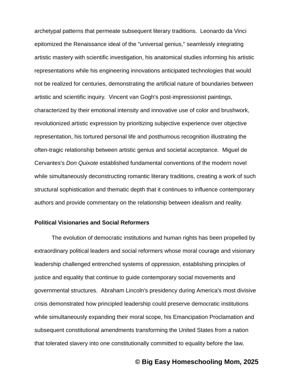 Passage on Leonardo da Vinci, van Gogh and Cervantes, then Political Visionaries and Social Reformers with Lincoln