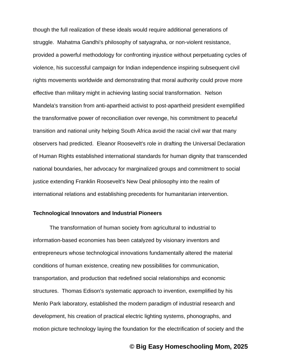 Passage on Gandhi, Nelson Mandela and Eleanor Roosevelt, then Technological Innovators and Industrial Pioneers with Edison