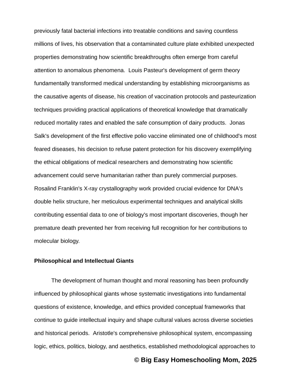 Passage on Pasteur, Jonas Salk and Rosalind Franklin, then Philosophical and Intellectual Giants with Aristotle