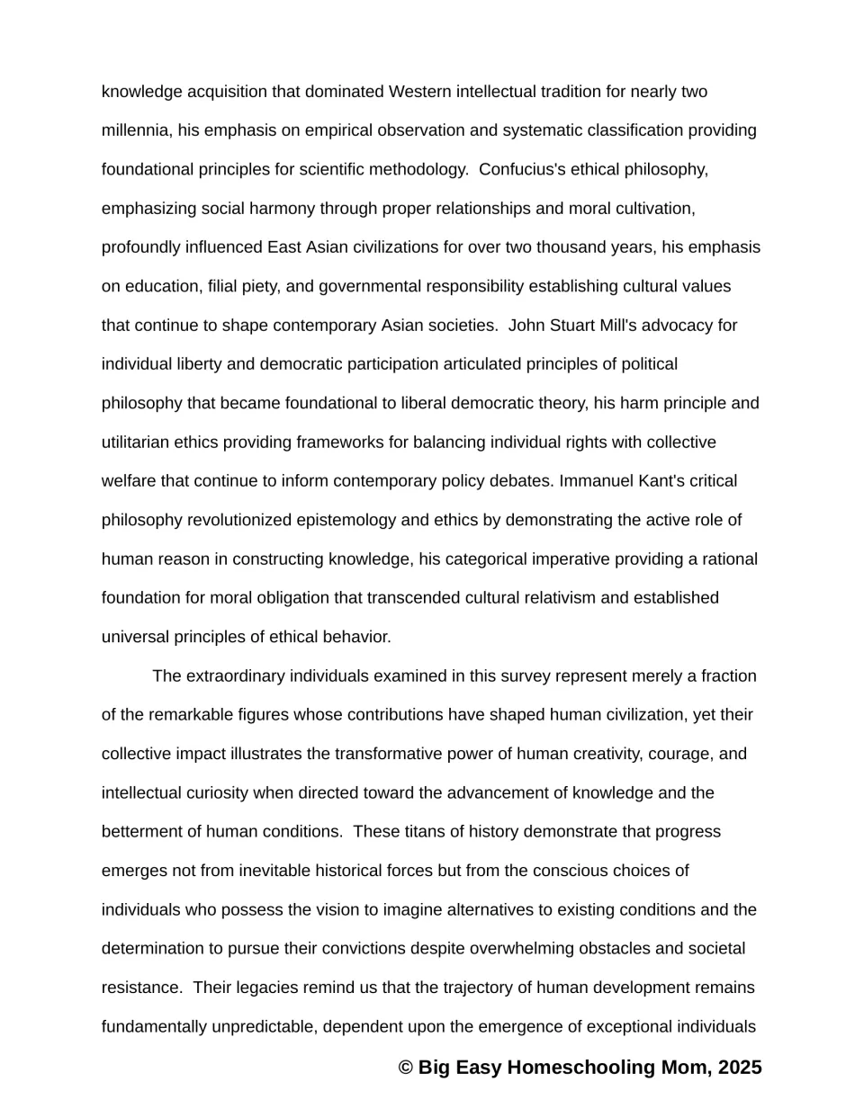 Passage on Confucius, John Stuart Mill and Immanuel Kant, then the closing reflection on how individuals shape progress