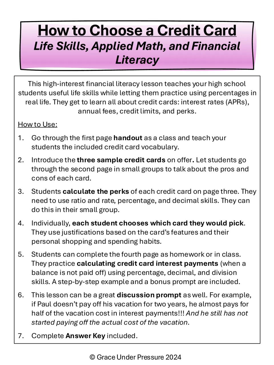 How to Choose a Credit Card: teacher overview and 7 how-to-use steps covering APRs, fees, limits, perks and the answer key
