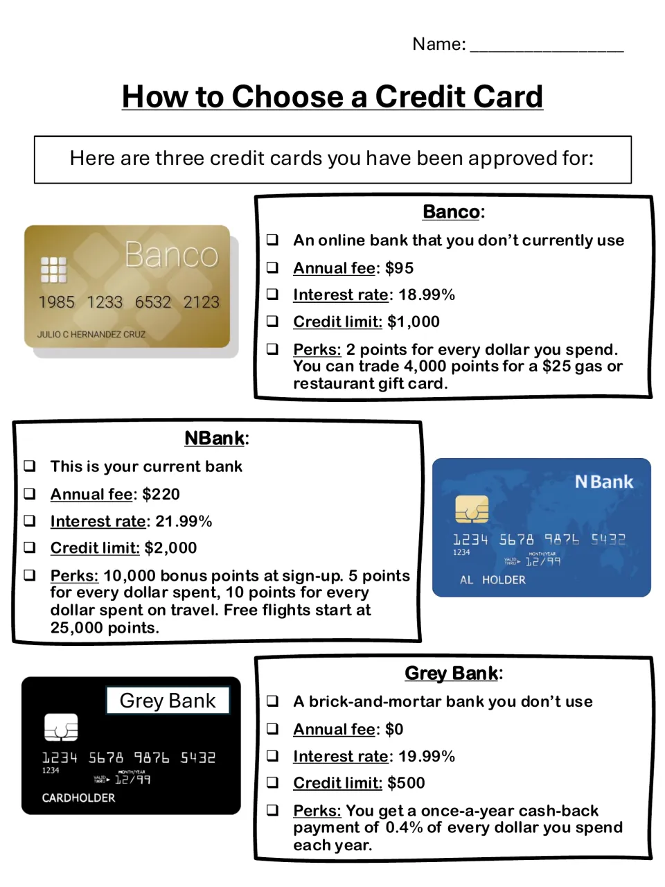 Three sample credit card offers to compare: Banco, NBank and Grey Bank, each with annual fee, APR, credit limit and perks