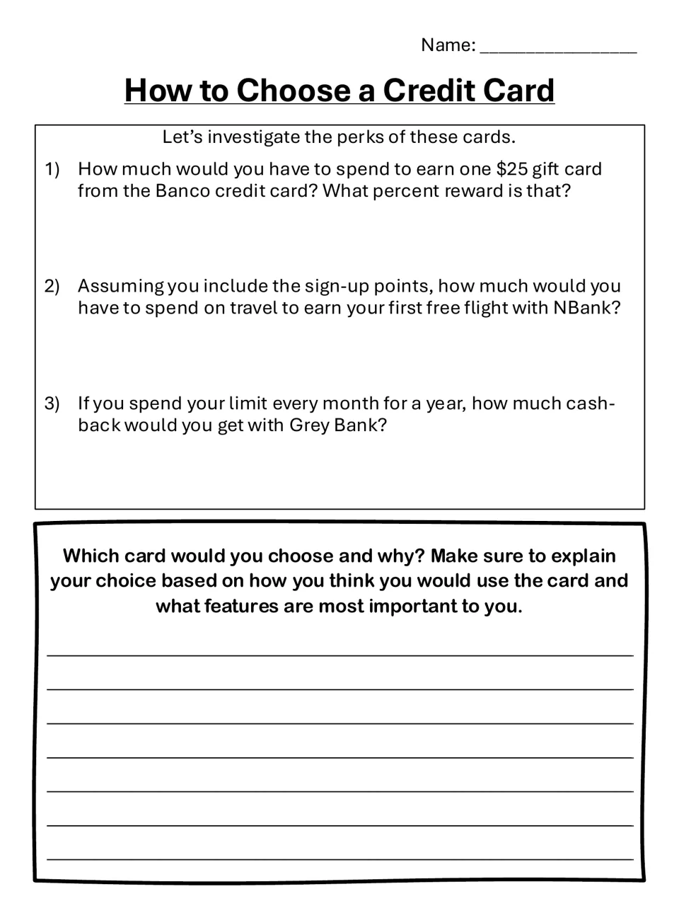 Credit card perks: students calculate gift card, flight and cash-back rewards with percents, then justify a card choice