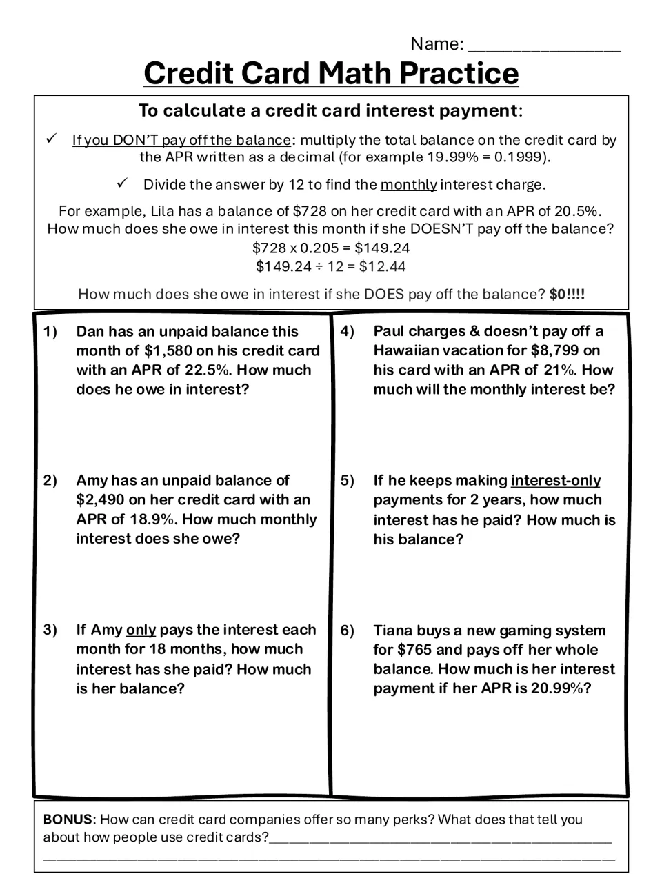 Credit Card Math Practice: students find monthly interest on unpaid balances using APR as a decimal across 6 word problems