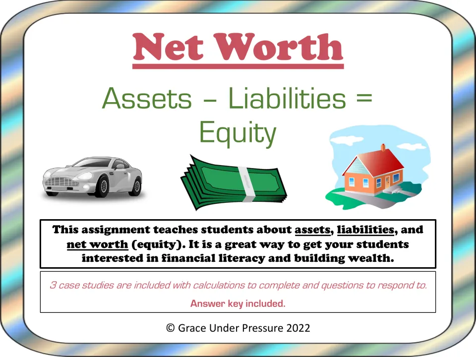 Net Worth cover: Assets - Liabilities = Equity, with 3 case studies, net worth calculations, questions and answer key