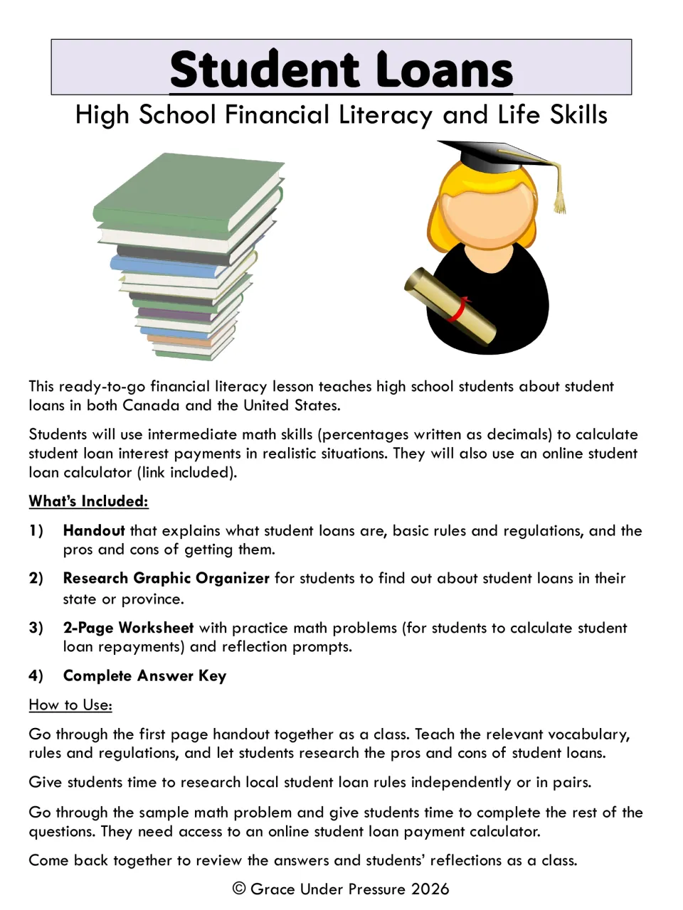 Student Loans cover listing a handout, research organizer, 2-page math worksheet, answer key and how-to-use steps