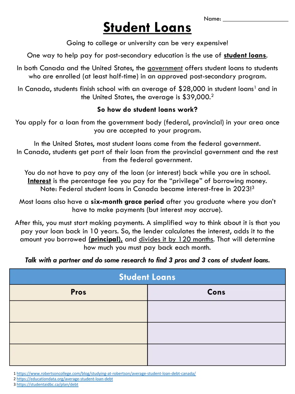 Student loans handout on interest, grace periods and principal; partners research 3 pros and 3 cons of borrowing