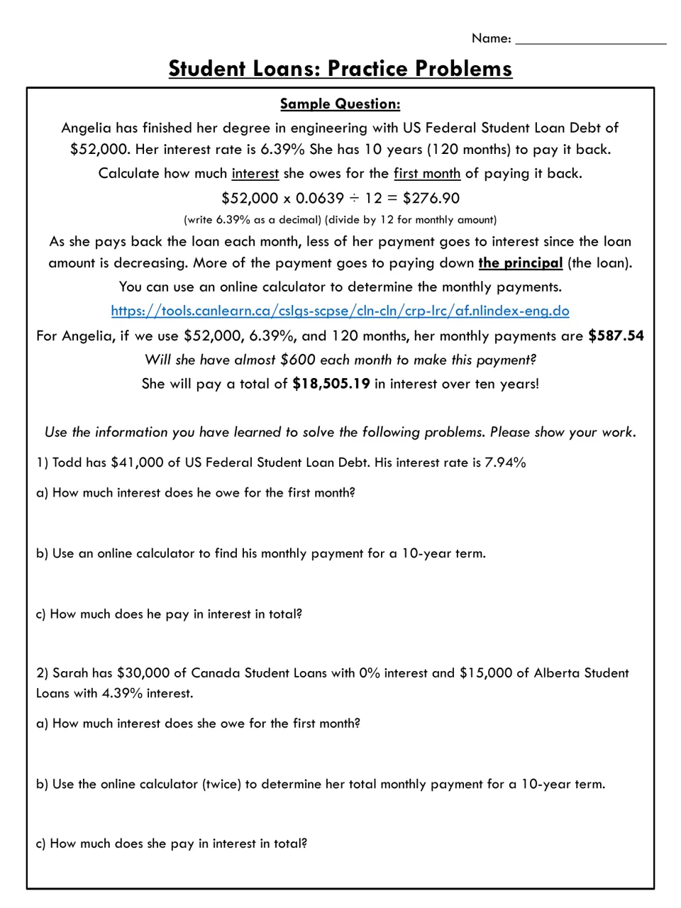 Student loan math: a worked sample converts 6.39% to a decimal for monthly interest, then Todd and Sarah problems