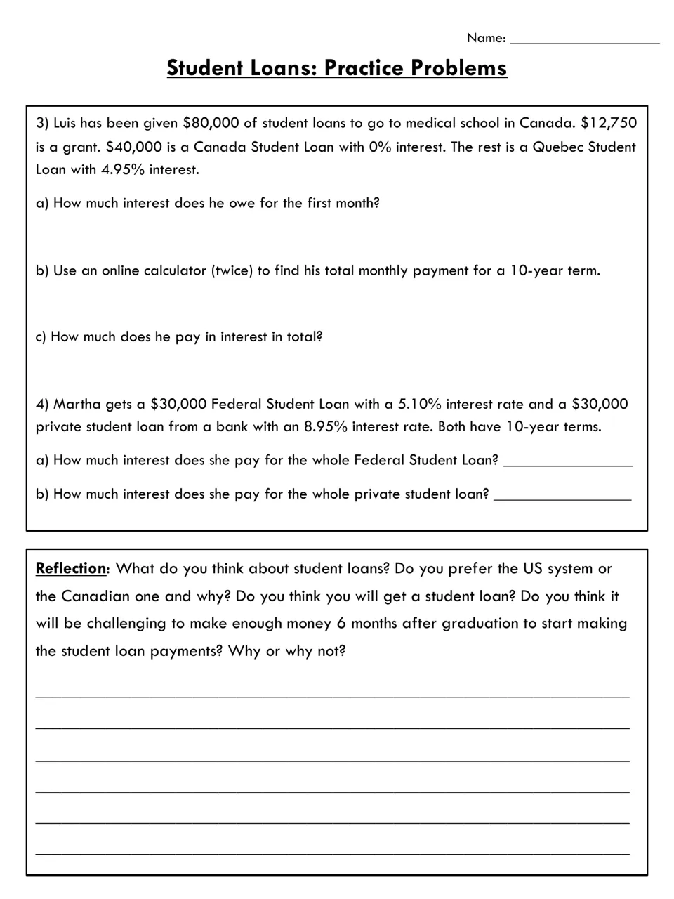 Loan interest problems for Luis and Martha comparing grant, 0%, provincial and private loans, plus a reflection prompt