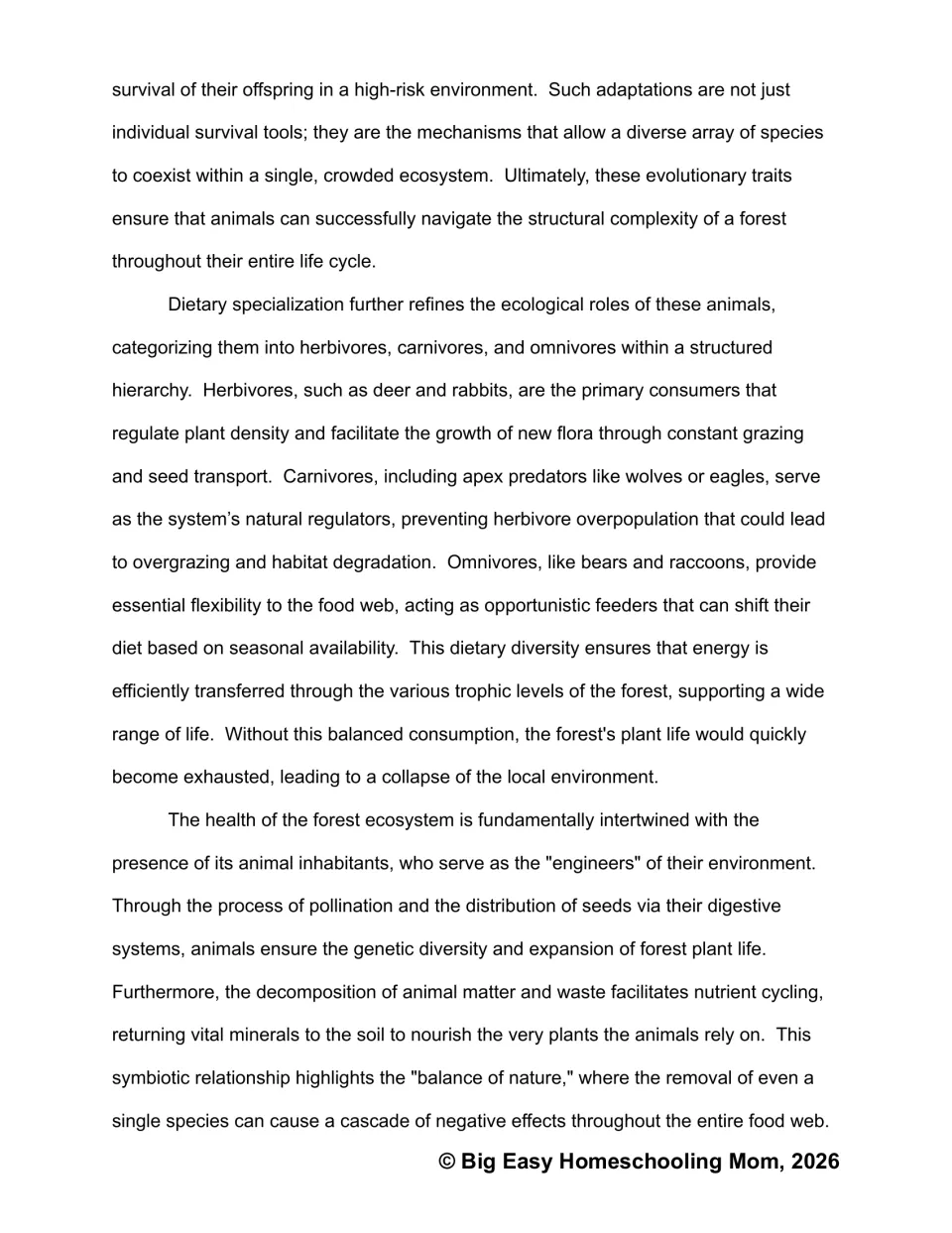 Food web passage, continued: students read how herbivores, carnivores and omnivores and animal engineers sustain forests