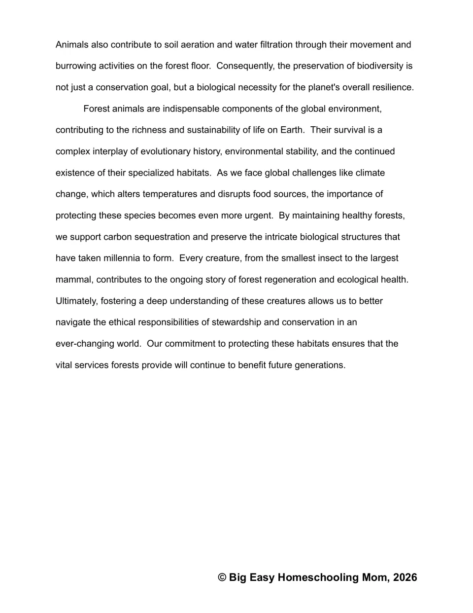 Passage conclusion: students read how forest animals aid soil aeration and carbon storage and why stewardship matters