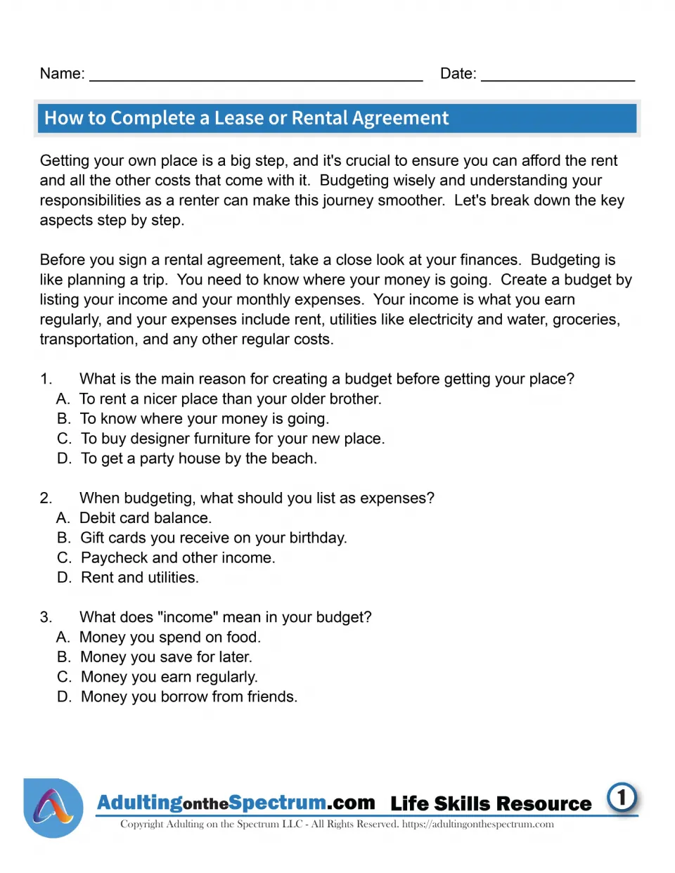 Budgeting before renting: students read about income and expenses, then answer multiple-choice questions 1 to 3