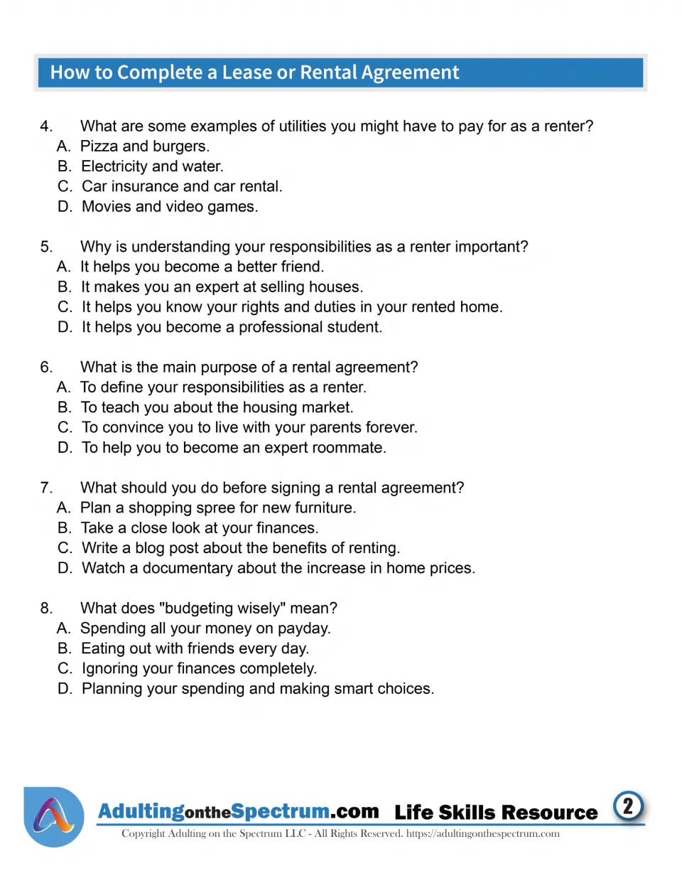 Renter basics quiz: multiple-choice questions 4 to 8 on utilities, renter duties and what budgeting wisely means
