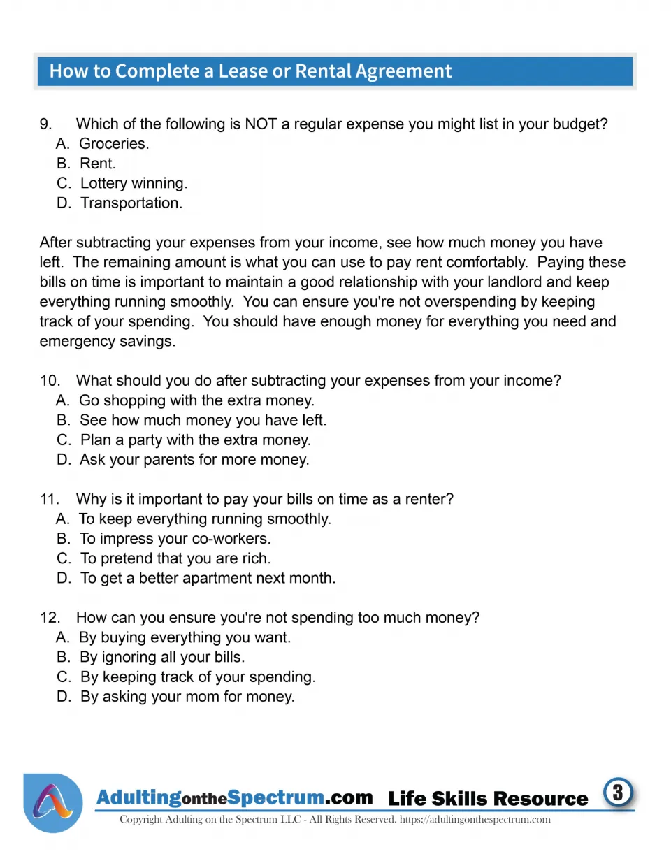 Paying rent on time: students read about subtracting expenses from income and answer multiple-choice questions 9 to 12