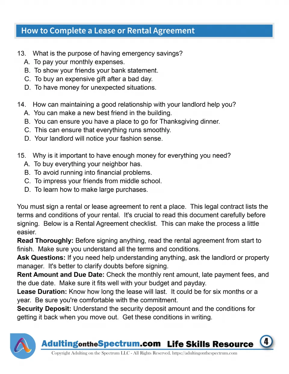 Emergency savings and landlords: students answer questions 13 to 15, then read a rent, lease and deposit checklist
