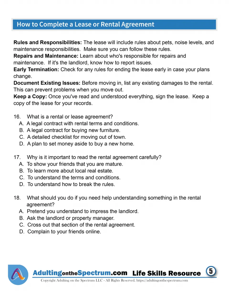 Lease rules and repairs: students read about early termination and keeping a copy, then answer questions 16 to 18