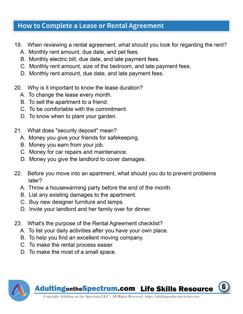 Rental agreement review: multiple-choice questions 19 to 23 on rent fees, lease duration, security deposits and damages