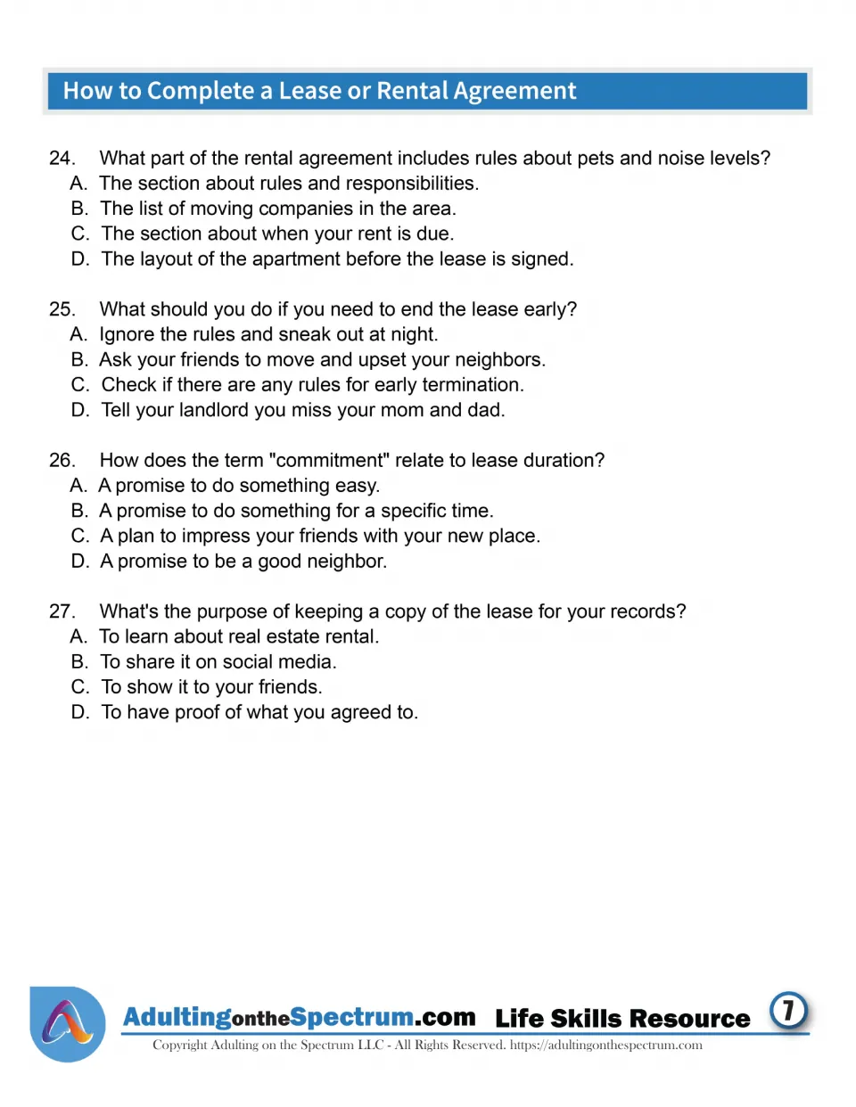 Lease terms quiz: students answer questions 24 to 27 on pet and noise rules, ending a lease early and keeping a copy