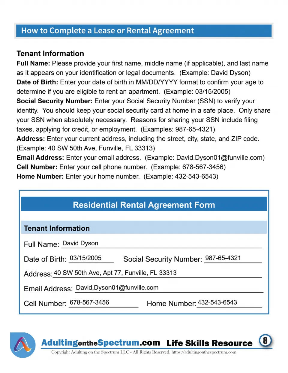 Tenant information: students see how to fill in name, birth date, SSN and contact details on a sample rental form