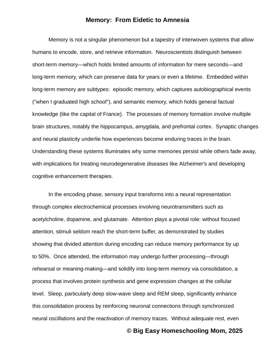 Memory passage opening explains short-term and long-term memory, brain structures, encoding, and sleep