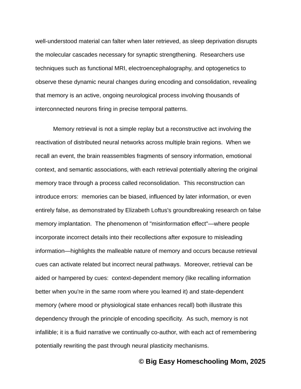 Memory passage continuation covers sleep deprivation, retrieval, reconsolidation, and the misinformation effect
