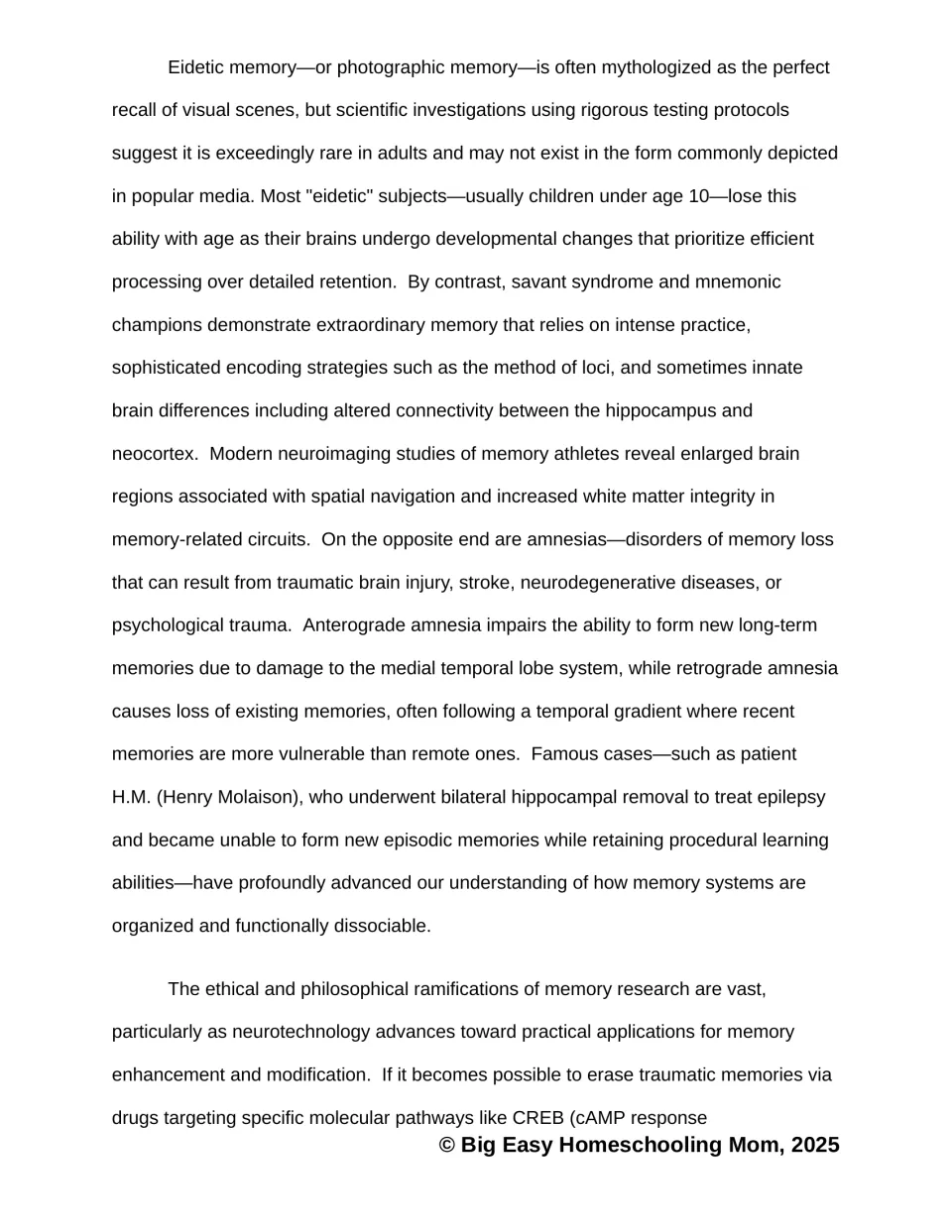 Memory passage examines eidetic recall, savant syndrome, mnemonic training, amnesia, and patient H.M.