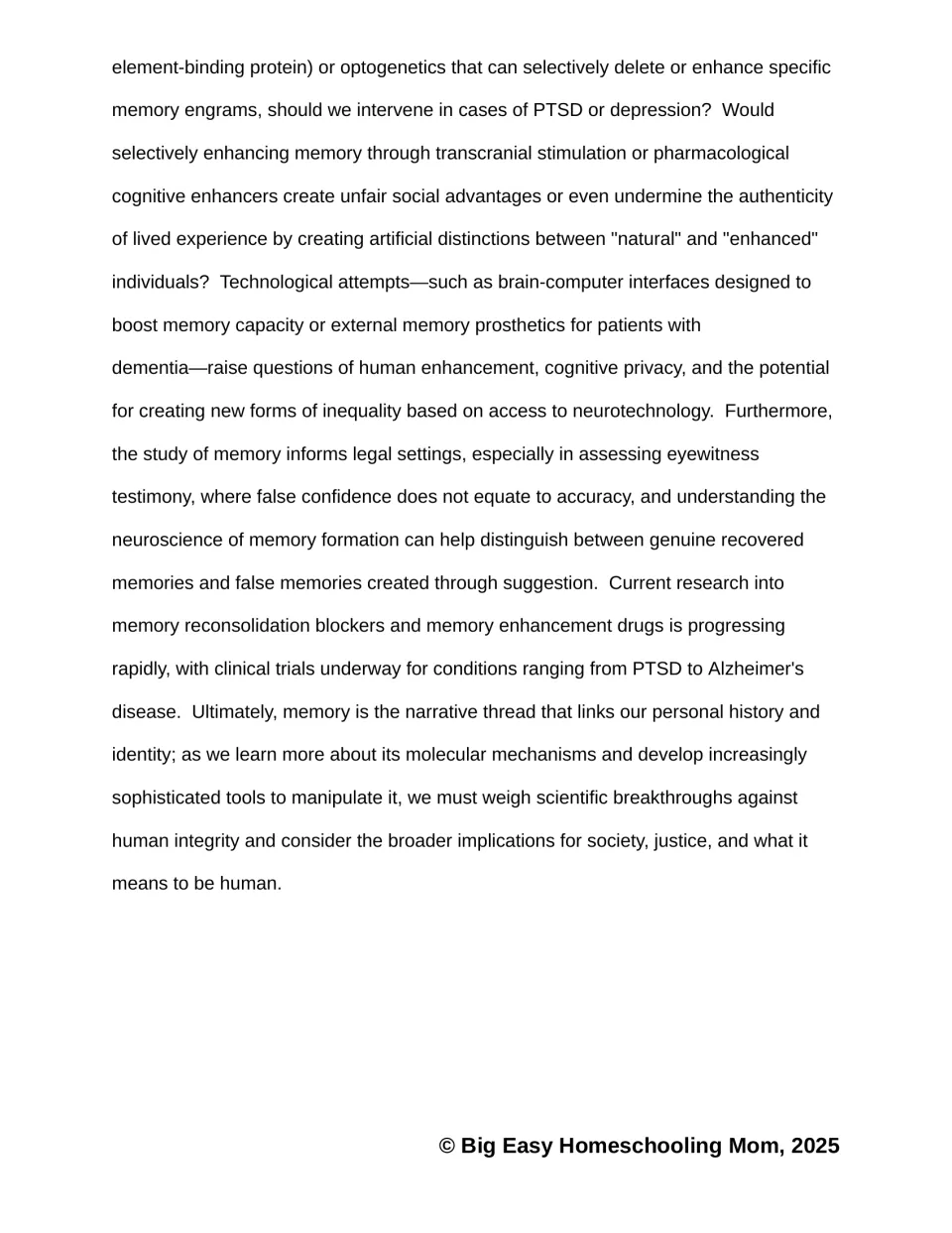 Memory passage conclusion explores memory modification, cognitive privacy, eyewitness testimony, and identity