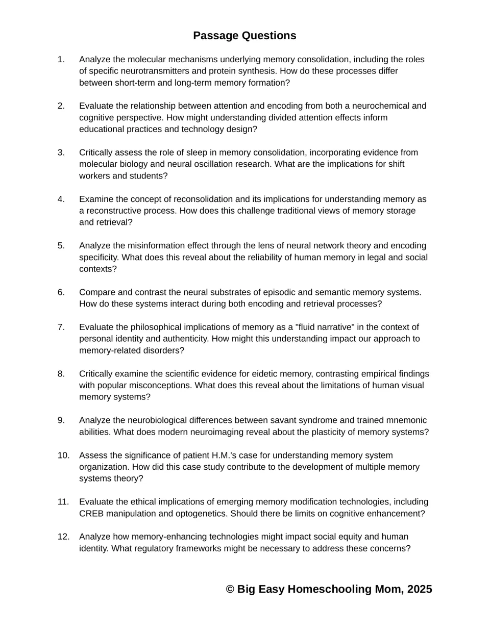 Passage questions 1–12 ask students to analyze consolidation, attention, sleep, memory errors, and ethics