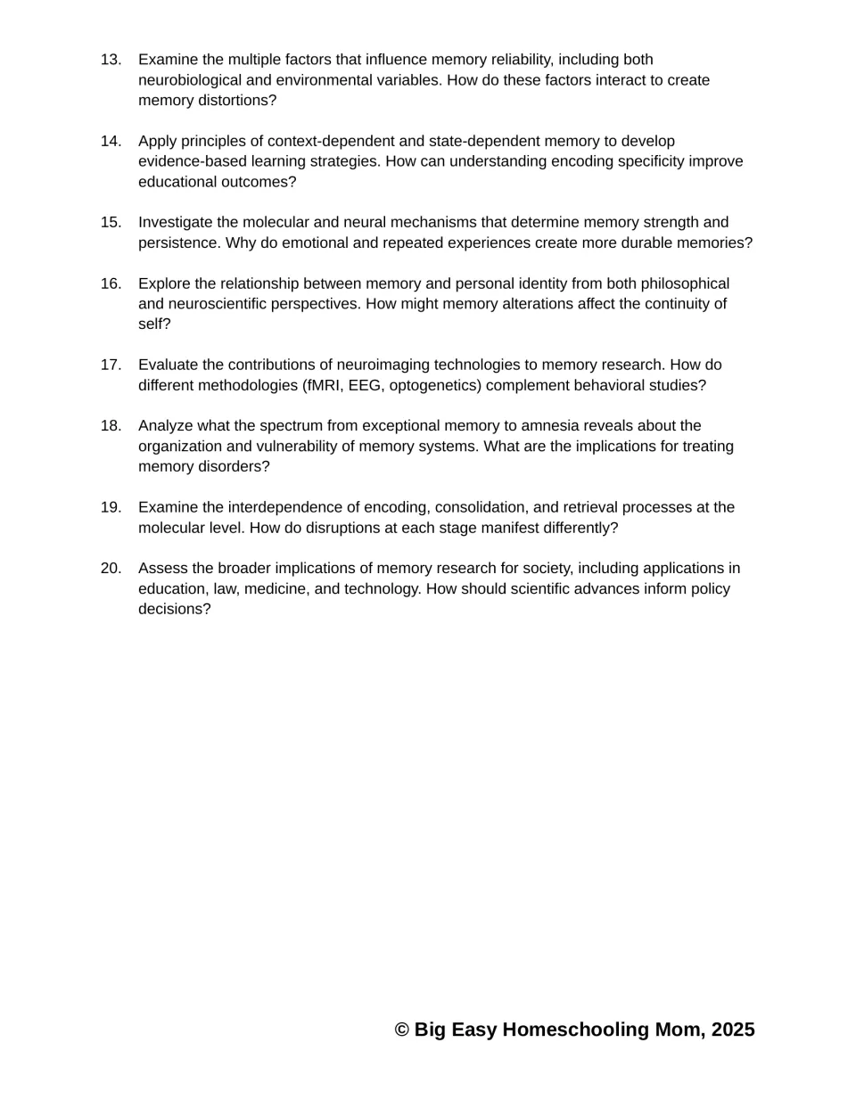 Passage questions 13–20 address memory reliability, learning strategies, identity, research, and society