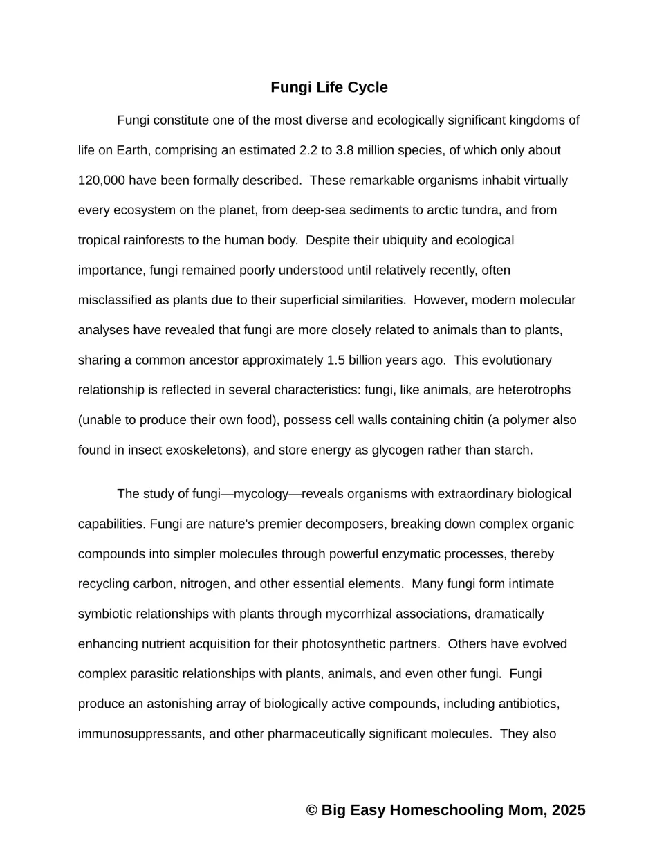 Reading passage opening explains fungal diversity, relationships to animals, decomposition, and symbiosis