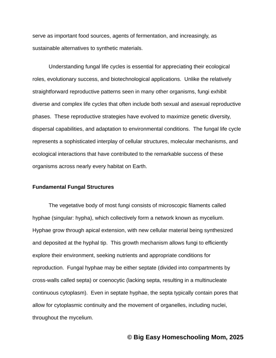 Reading passage introduces fungal life cycles and explains hyphae, mycelium, apical growth, and septa