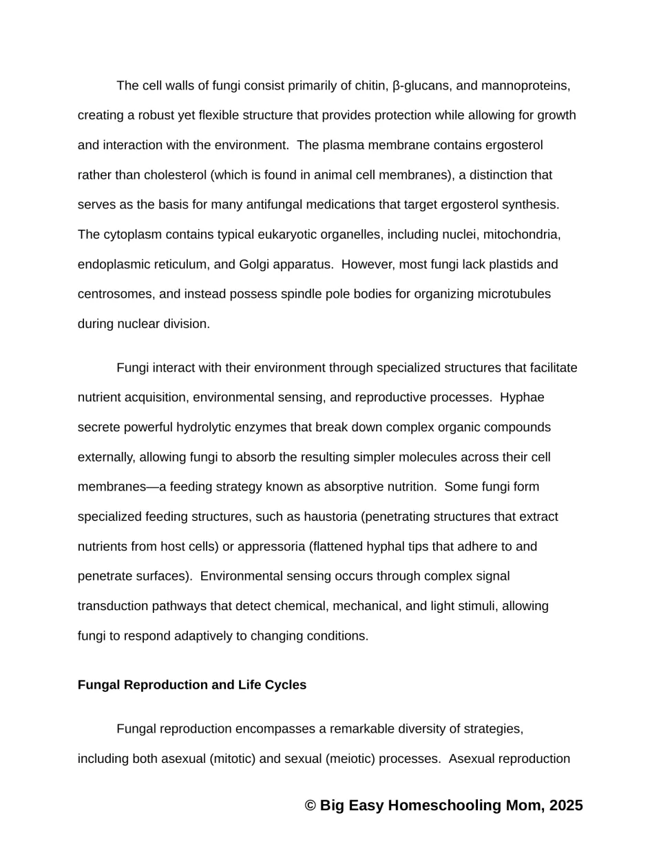 Reading passage explains fungal cell walls, ergosterol, absorptive nutrition, and environmental sensing