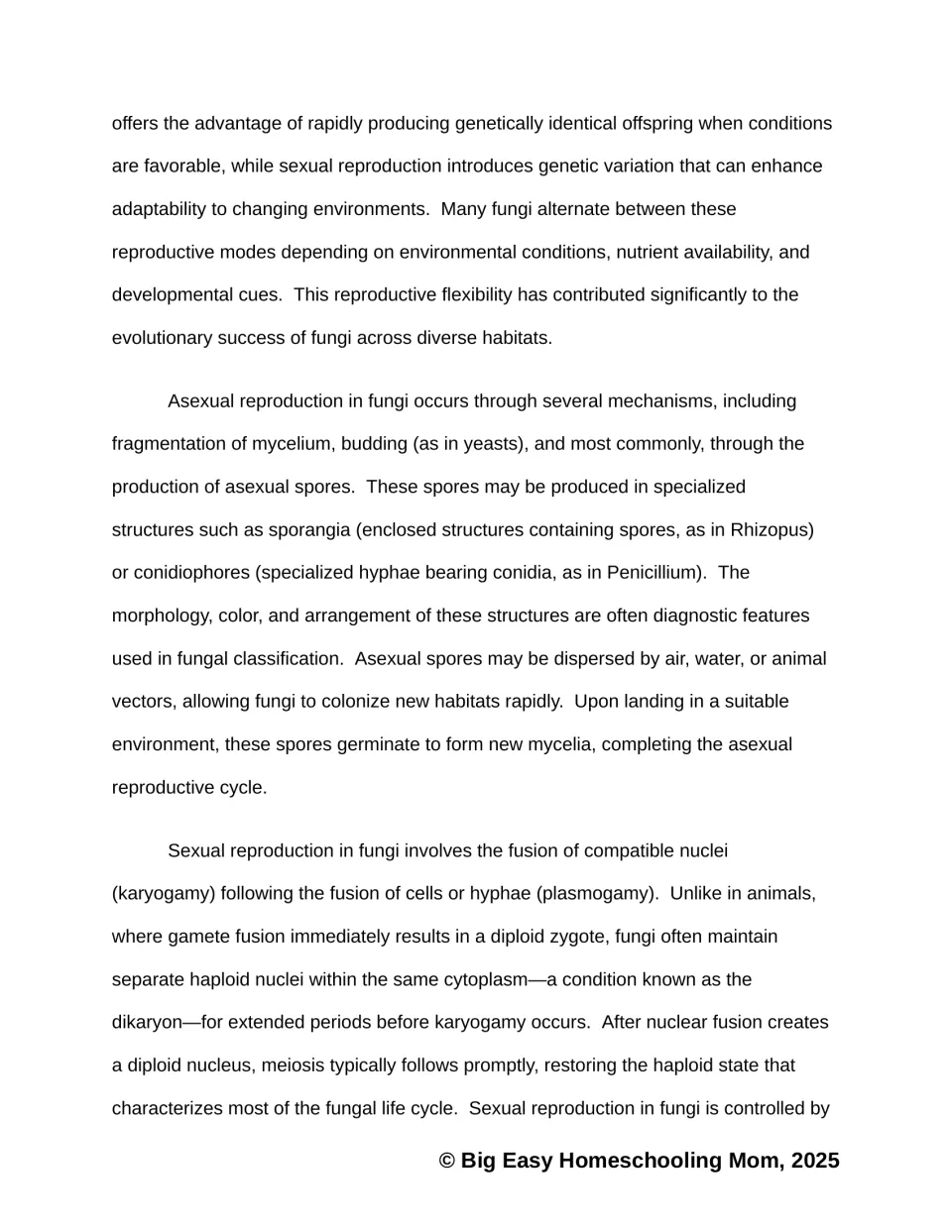 Reading passage compares asexual spores and budding with sexual reproduction, nuclear fusion, and meiosis