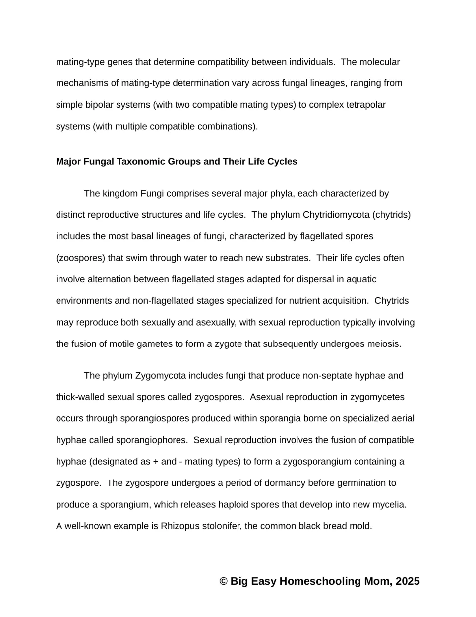 Reading passage covers mating types, chytrid swimming spores, and zygospore formation in bread molds
