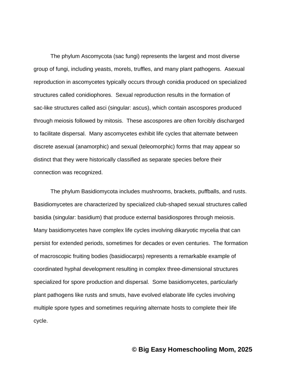 Reading passage compares sac fungi and basidiomycetes, explaining asci, basidia, spores, and fruiting bodies
