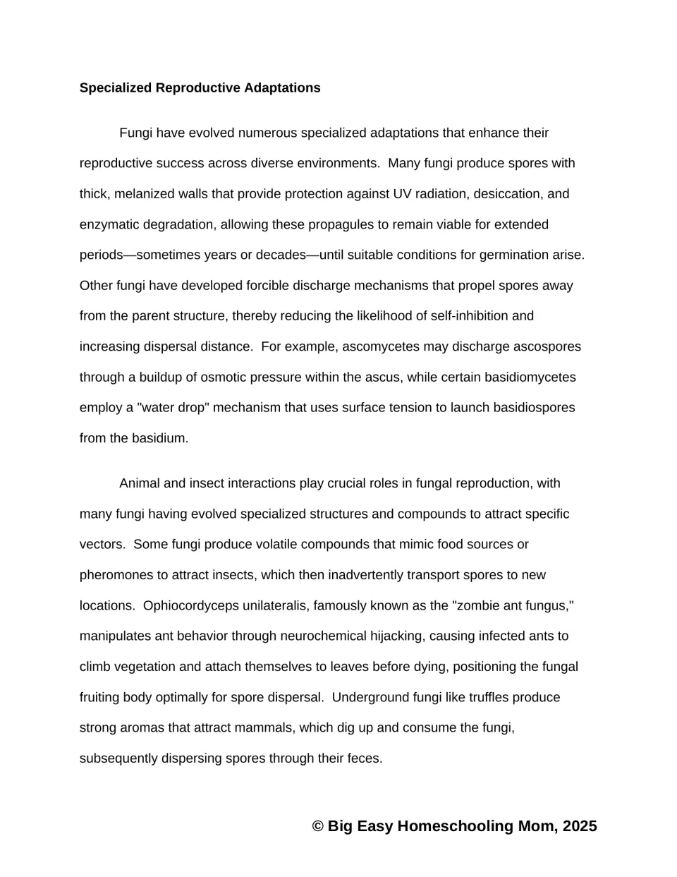 Reading passage explains resistant spores, spore launch mechanisms, zombie ant fungus, and truffle dispersal