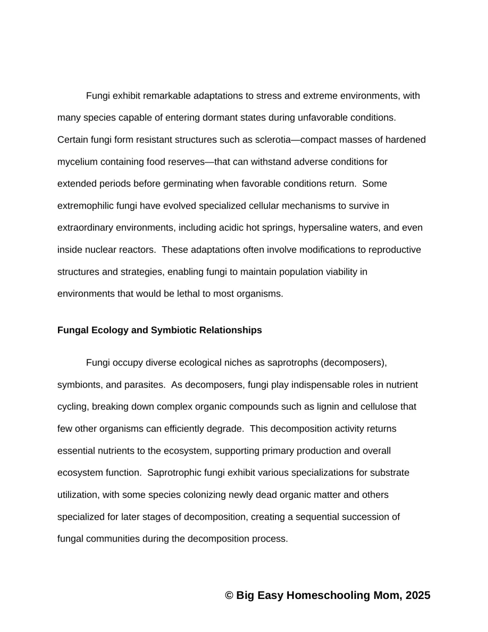 Reading passage describes fungal dormancy, survival in extreme environments, decomposition, and nutrient cycling
