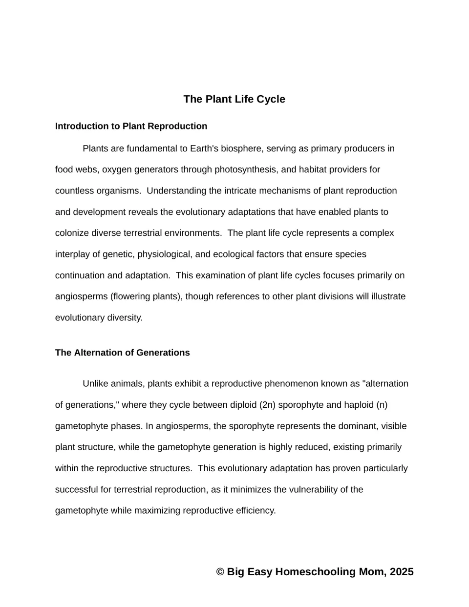 Plant life cycle passage opening: students read an introduction to plant reproduction and the alternation of generations