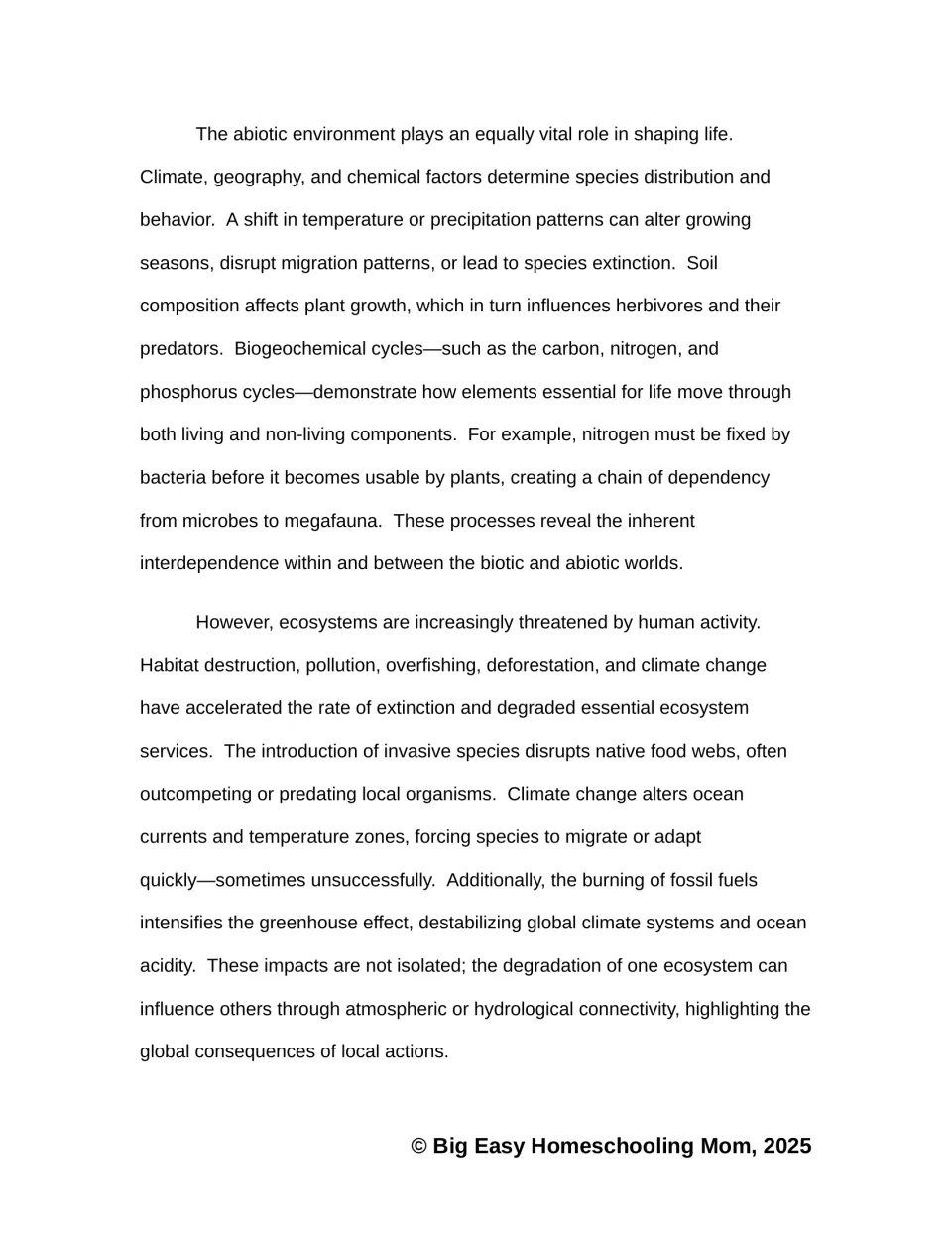 Ecosystems passage, part 2: abiotic factors, nutrient cycles, invasive species, and human impacts